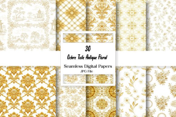 Warm Vintage Elegance with Ochre Toile Antique Floral Digital Paper