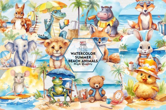 Watercolor Summer Beach Animals Clipart: Vibrant Design Assets